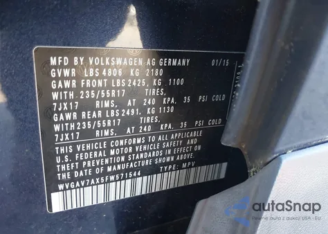 2015 Volkswagen Tiguan Se from USA, damaged, VIN WVGAV7AX5FW571544